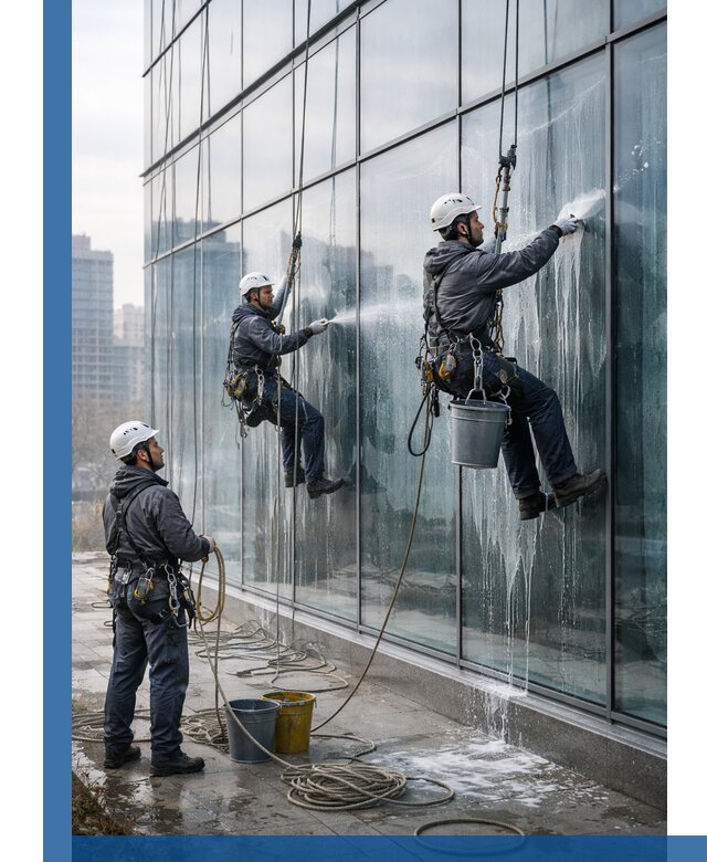 Промышленная мойка панорамных окон на высоте в Кохме