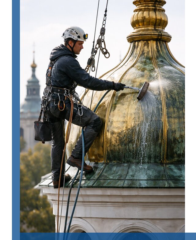 Профессиональная мойка куполов и шпилей высотными альпинистами в Кохме