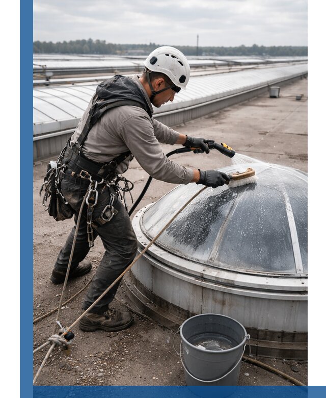 Мойка зенитных фонарей на кровле для промышленных объектов в Кохме