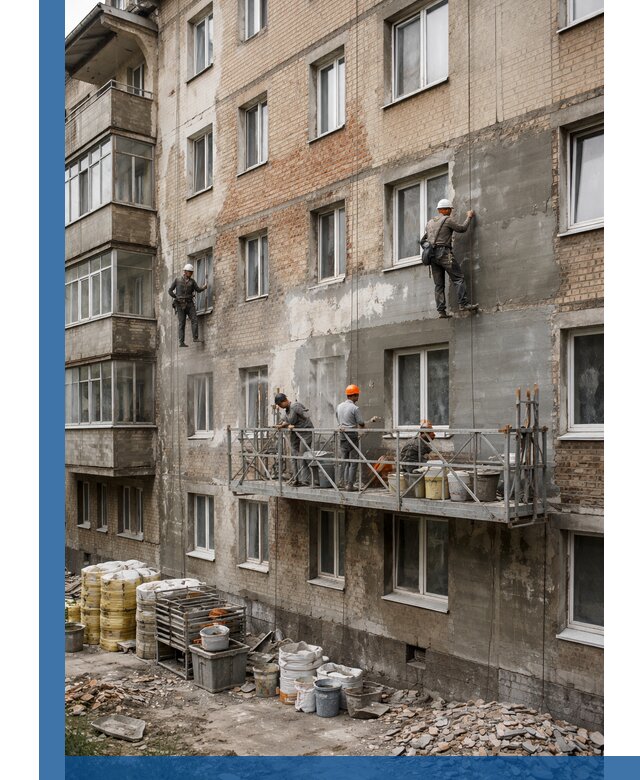 Капитальный ремонт фасада в Кохме с восстановлением и гидроизоляцией