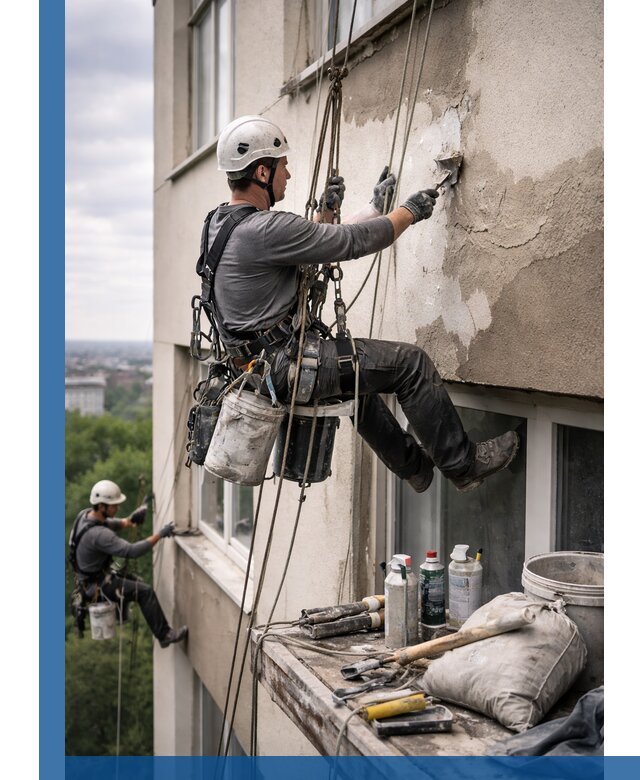 Косметический ремонт фасада зданий в Кохме промышленными альпинистами