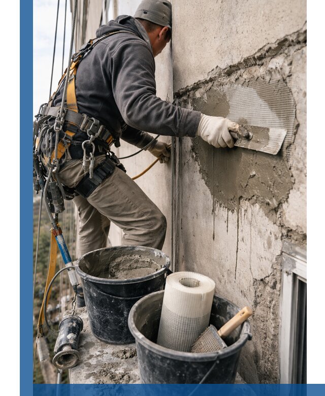 Ремонт бетонных элементов фасада промышленными альпинистами в Кохме