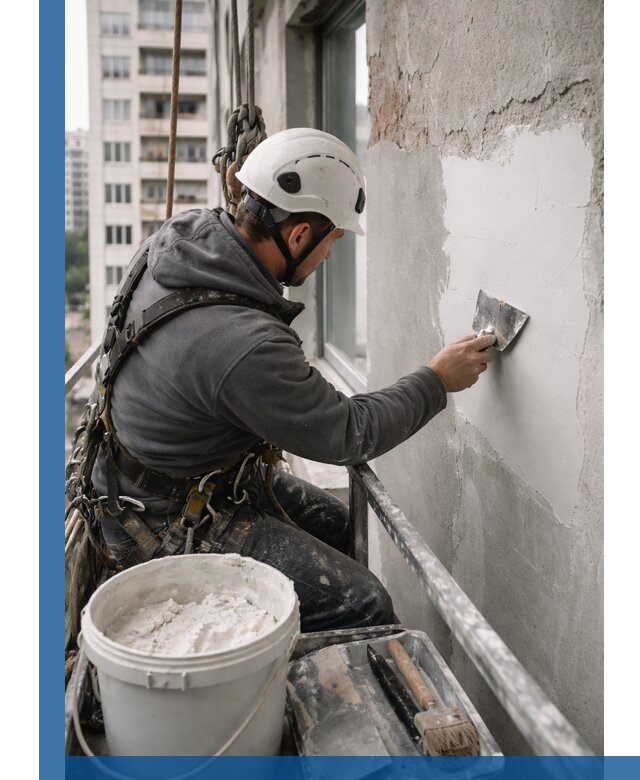 Шпаклевка фасадов на высоте с промальпинистами в Кохме