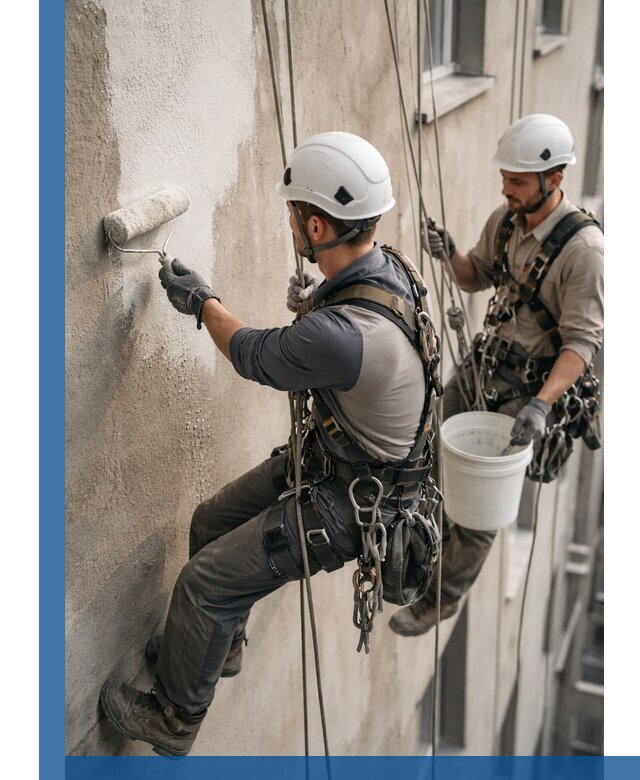 Грунтовка фасада на высоте в Кохме промышленными альпинистами