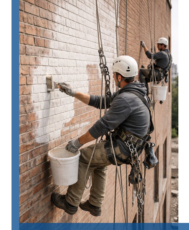 Покраска кирпичного фасада с доступным альпинистским сервисом в Кохме