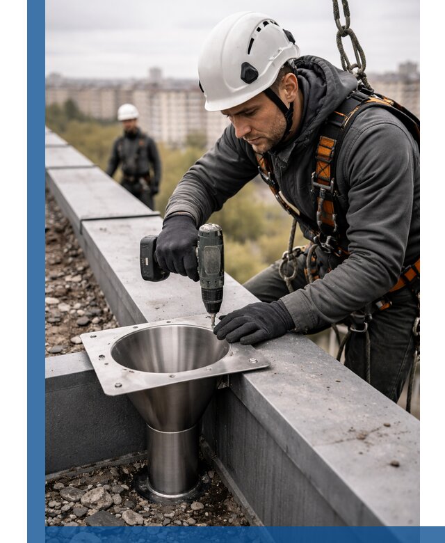 Монтаж водосточных воронок в Кохме для промышленных зданий