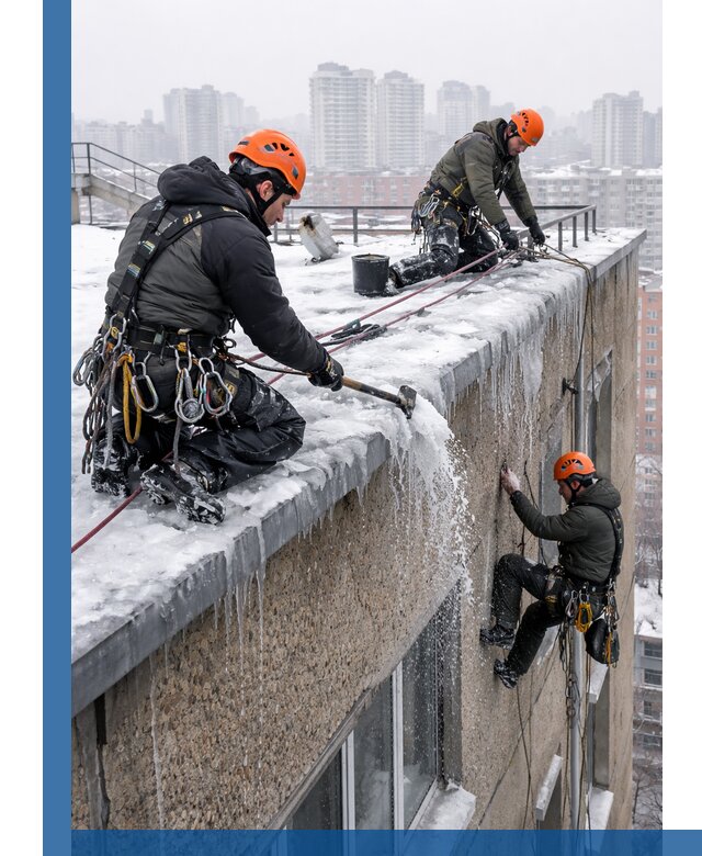 Удаление наледи с кровли в Кохме промышленными альпинистами