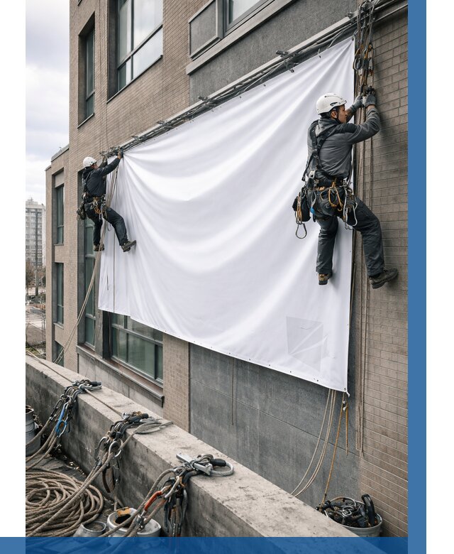 Монтаж баннеров на фасаде в Кохме от 675 р. заказать ВЫСОТНИК-Кхм