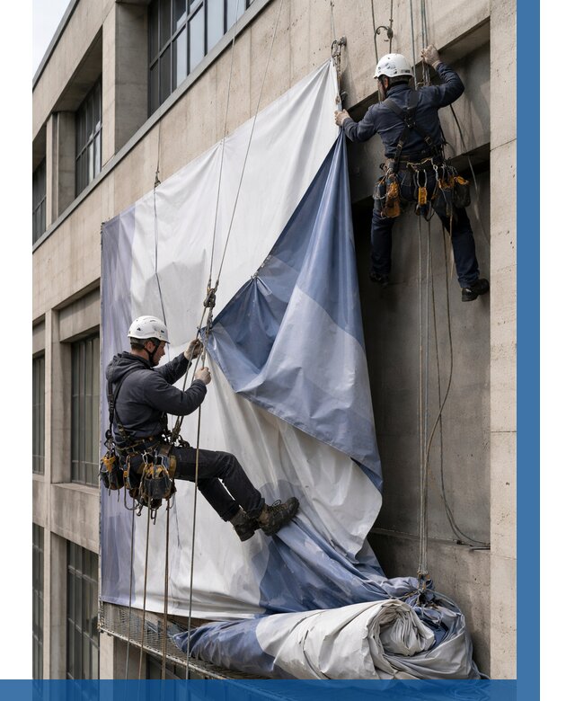 Демонтаж баннеров с фасада в Кохме от 4675 р. | ВЫСОТНИК-Кхм