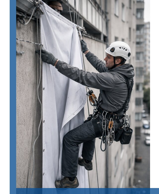 Замена баннерного полотна промышленными альпинистами в Кохме
