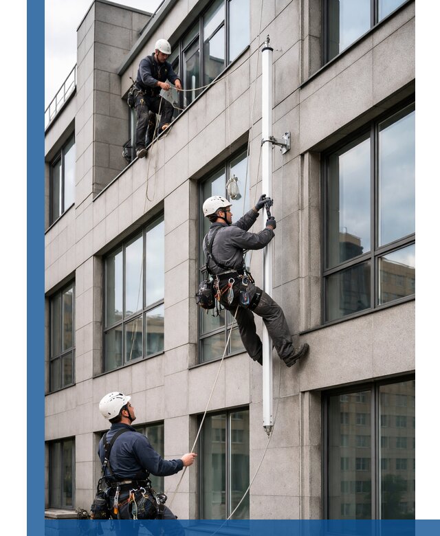 Монтаж флагштока на фасаде здания с креплением и герметикой в Кохме