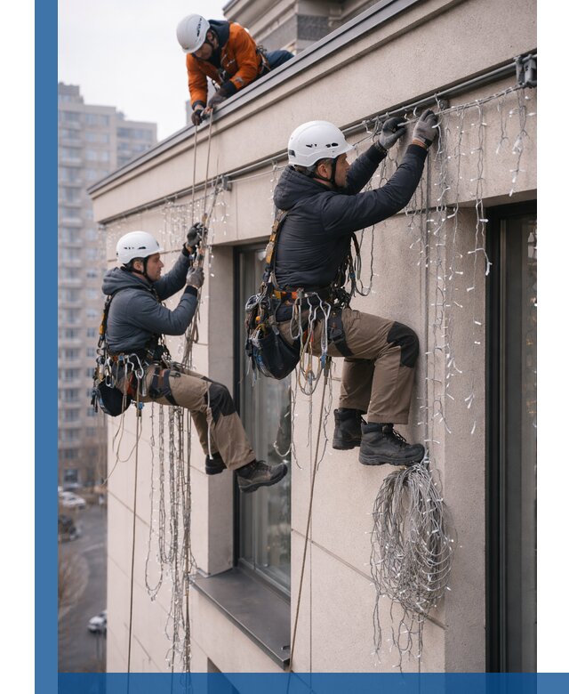 Монтаж праздничных гирлянд на фасаде в Кохме для зданий