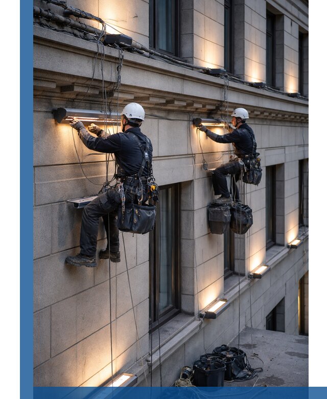 Монтаж архитектурной подсветки фасадов зданий в Кохме