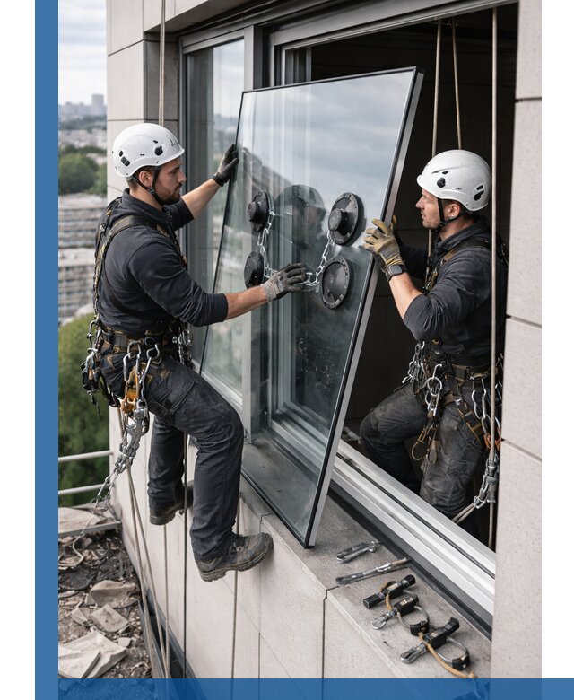 Замена стеклопакетов на высоте с промышленными альпинистами в Кохме