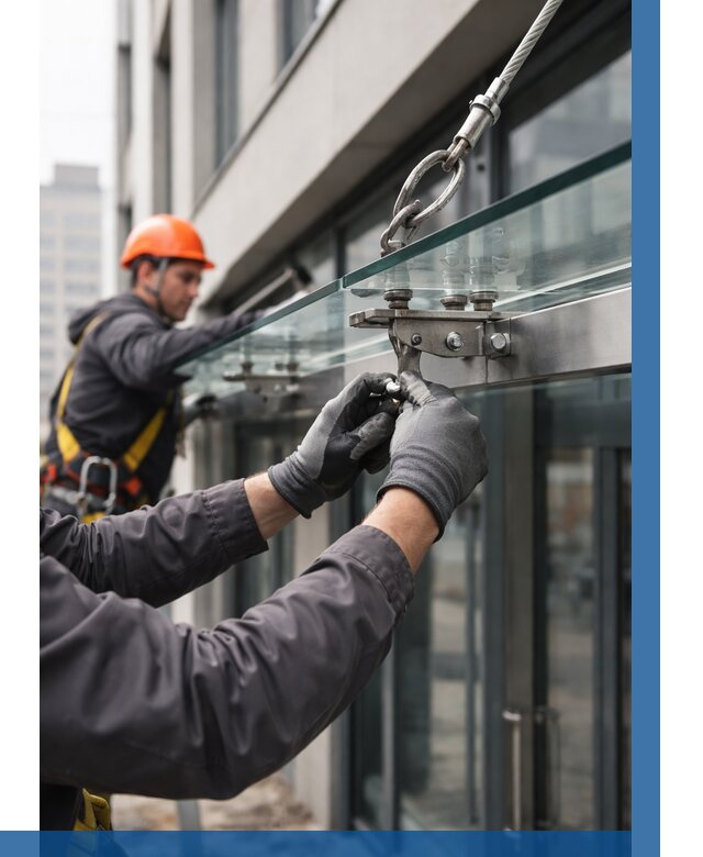 Монтаж стеклянных козырьков в Кохме от 8830 р. | ВЫСОТНИК-Кхм