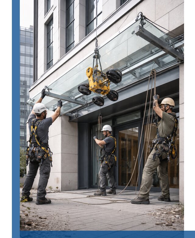 Монтаж стеклянных козырьков под ключ в Кохме для зданий