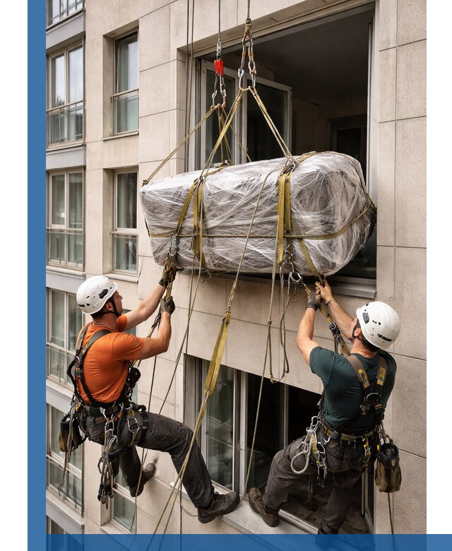 Подъем грузов через окно в Кохме промышленными альпинистами