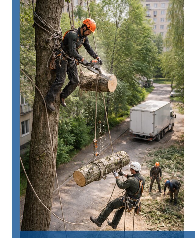 Спил деревьев альпинистами в Кохме, безопасно и без повреждений